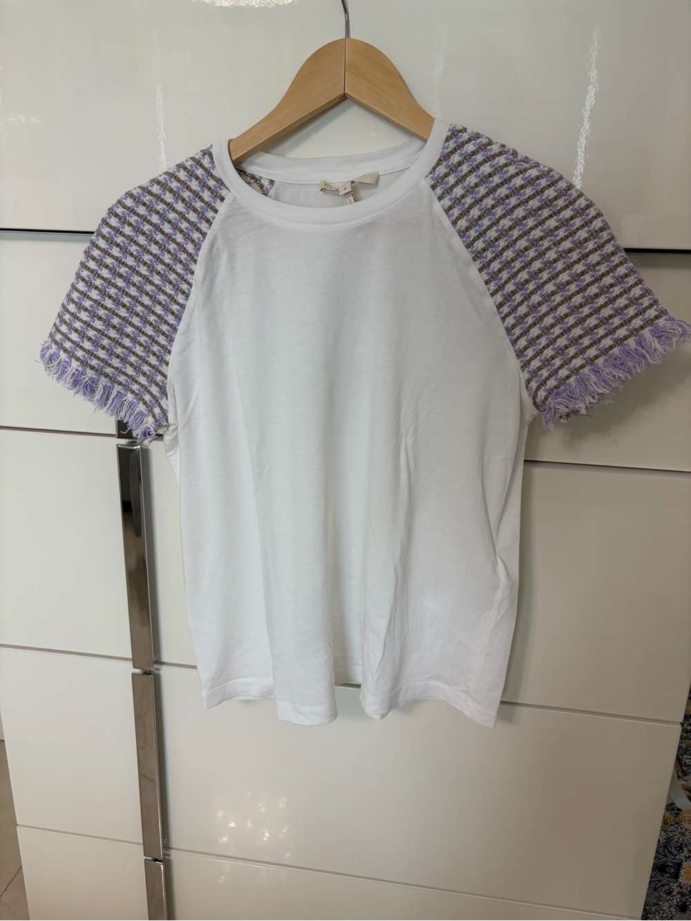 Maje Women's White Tee with Lavender Tweed Fringe Sleeves